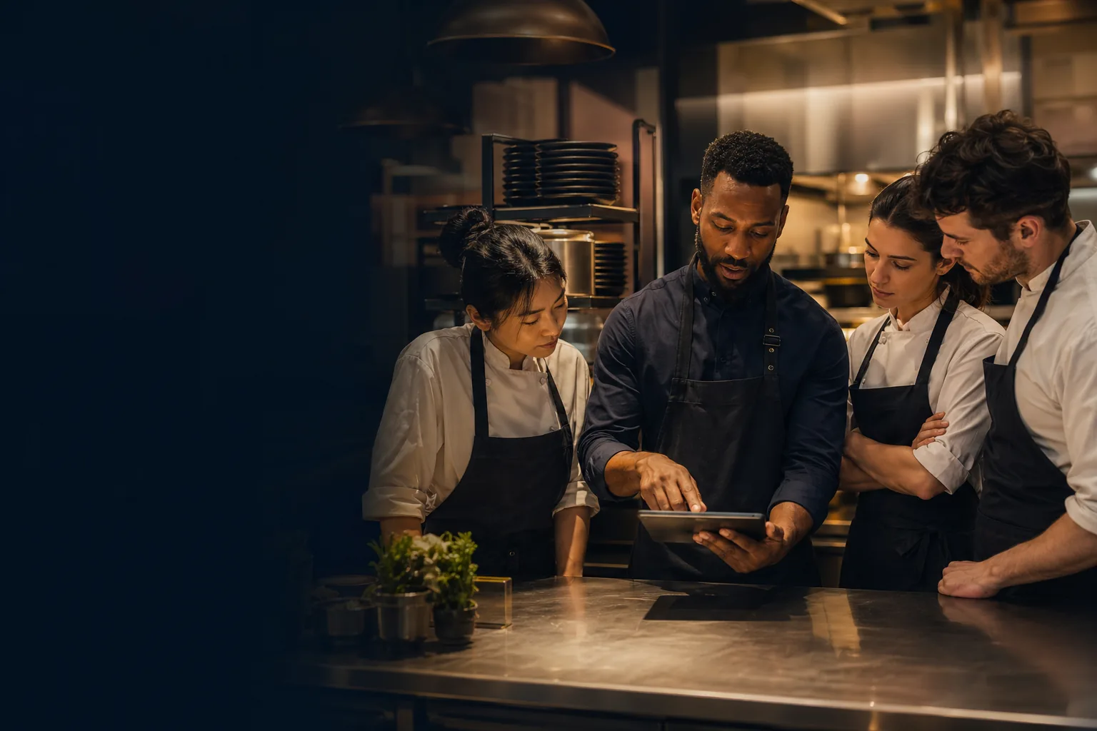 Restaurant team reviewing a tablet checklist before service