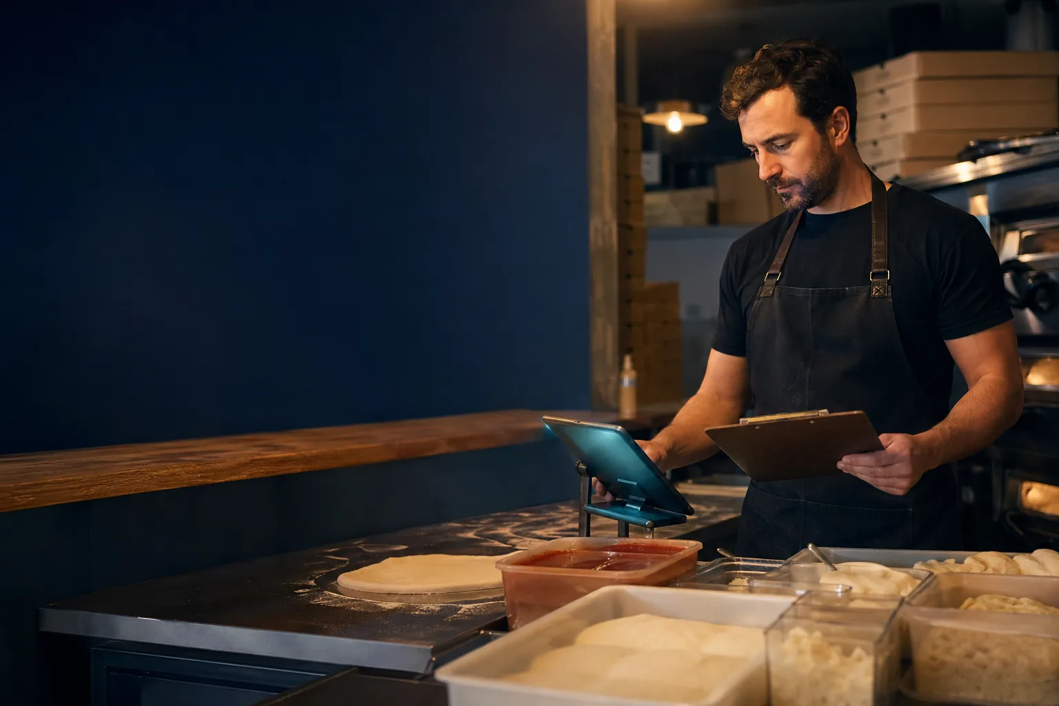 Restaurant manager checking prep and reset details