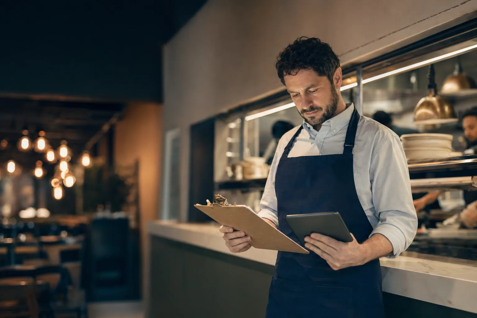 Restaurant manager reviewing checklist details on tablet