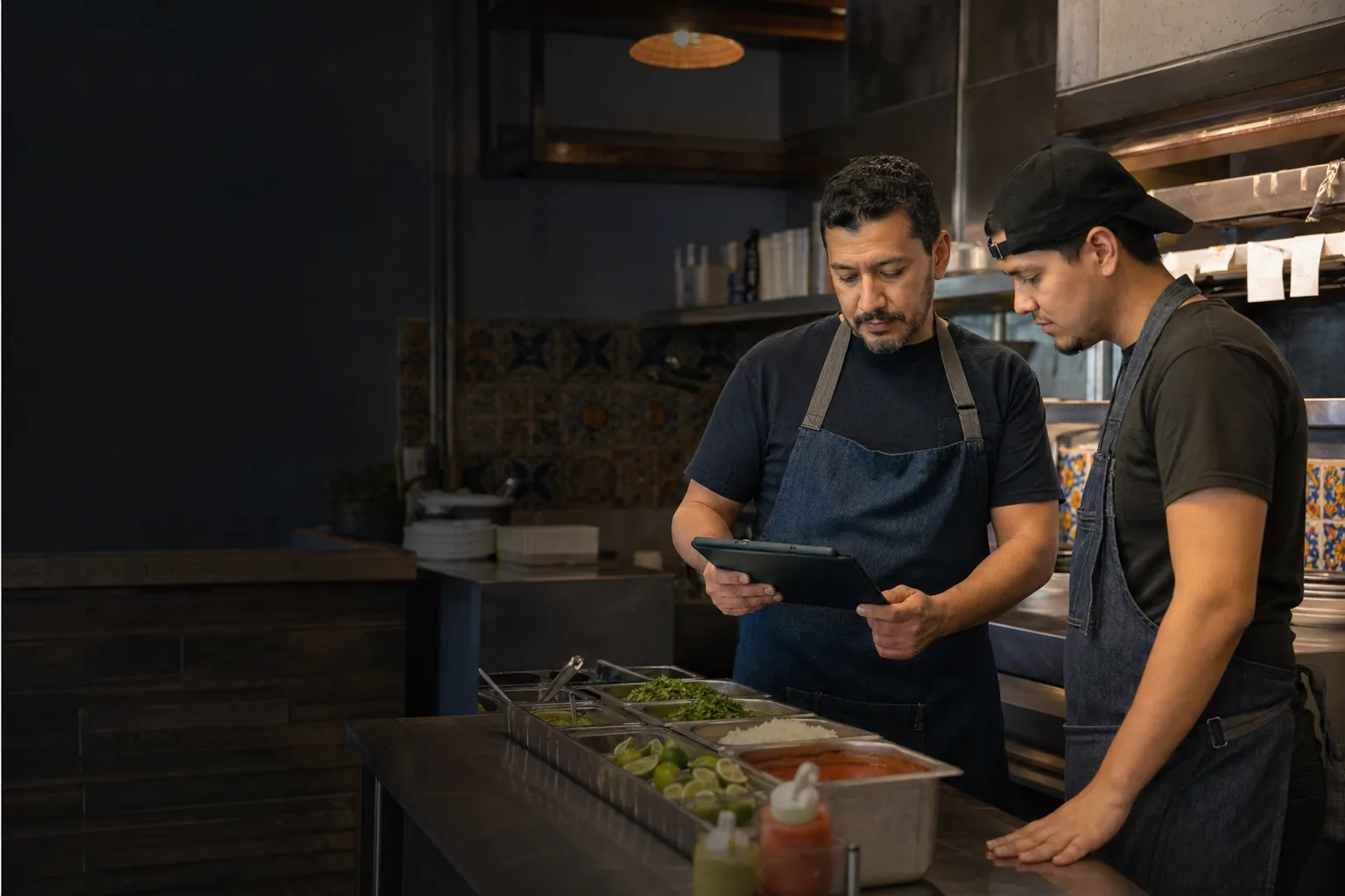 Restaurant staff checking prep readiness on tablet